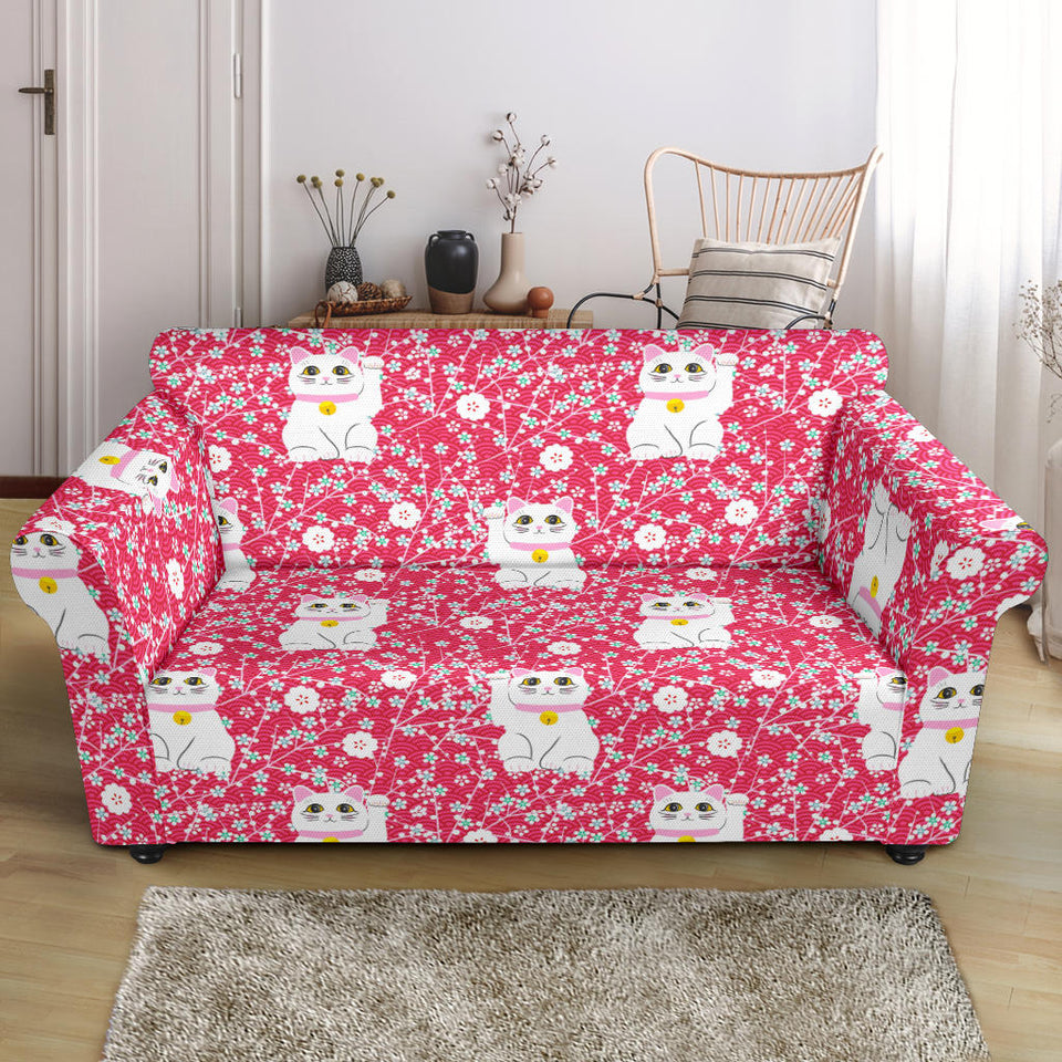 Maneki Neko Lucky Cat Sakura Pink Background Loveseat Couch Slipcover