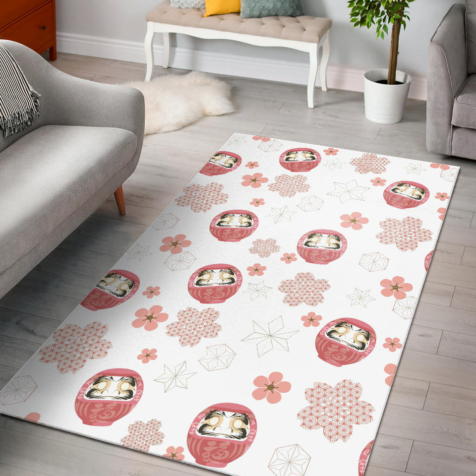 Daruma Japanese Wooden Doll Cherry Blossom Flower Pattern Area Rug
