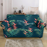 Heliconia Flowers, Palm And Monstera Leaves On Black Background Pattern Loveseat Couch Slipcover