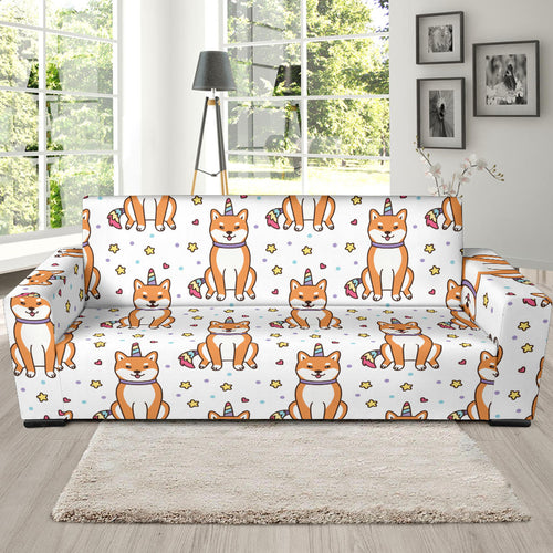 Shiba Inu Unicorn Costume Horn Colorful Tail Pattern Sofa Slipcover