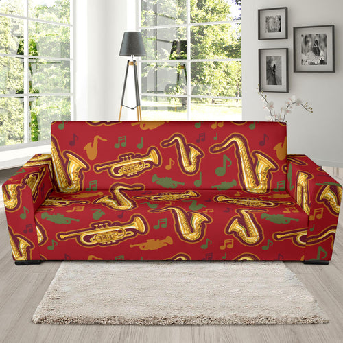 Saxophone Cornet Pattern Red Background Sofa Slipcover