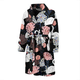 White Swan Blooming Flower Pattern Men'S Bathrobe