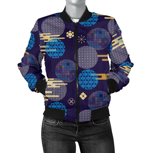 Blue Japanese Pattern Cloud Wave Flower Women'S Bomber Jacket