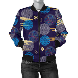 Blue Japanese Pattern Cloud Wave Flower Women'S Bomber Jacket