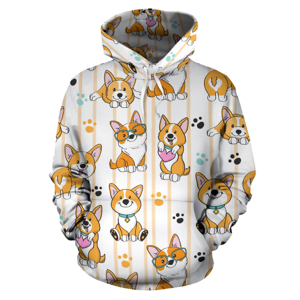 Cute Dog Corgi Striped Background Pattern Men Women Pullover Hoodie