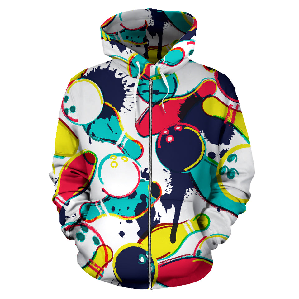 Watercolor Bowling Ball Pins Zip Up Hoodie