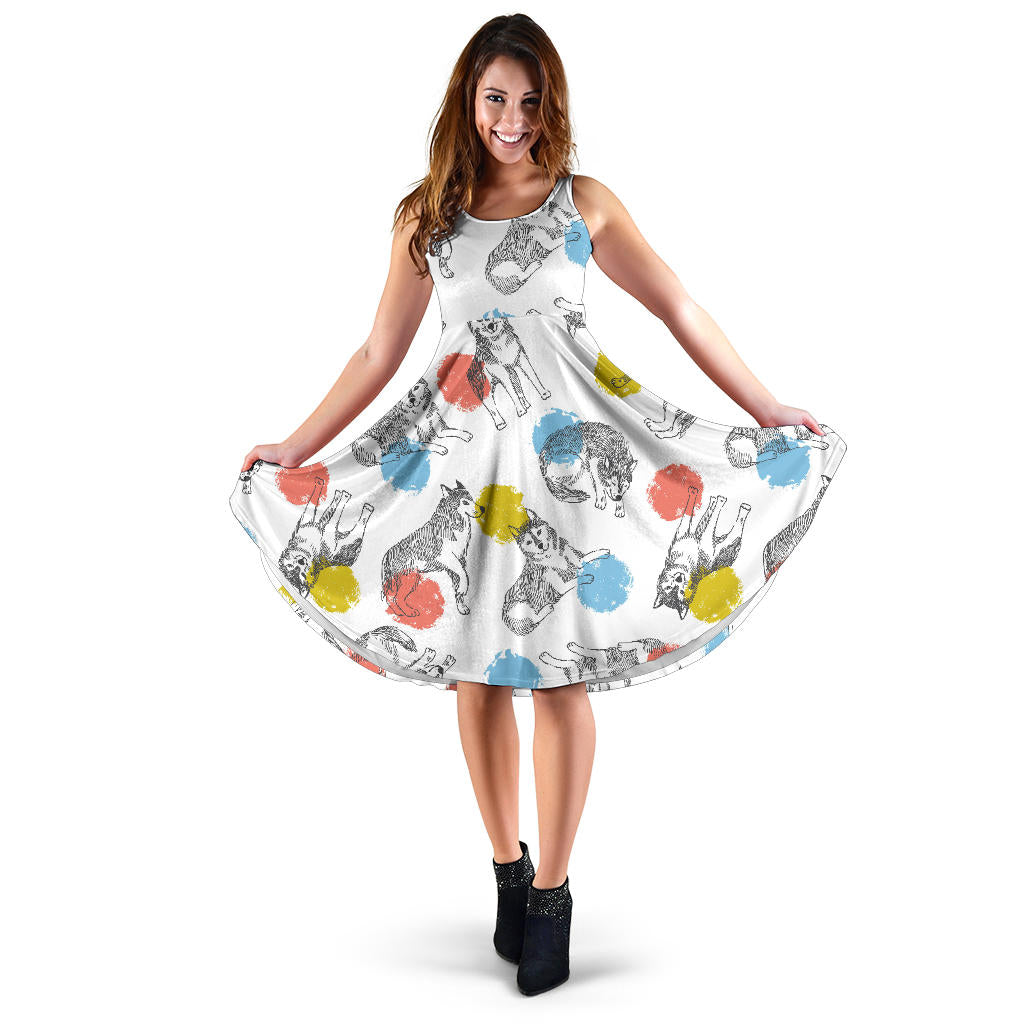 Siberian Husky And Colorful Circle Pattern Sleeveless Midi Dress