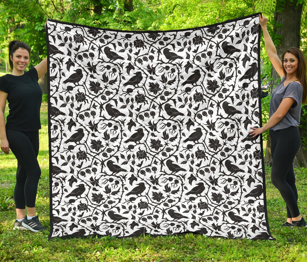 Crow Dark Floral Pattern Premium Quilt