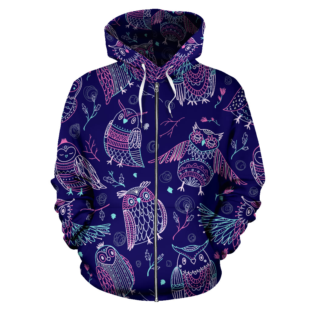 Cute Owls Pattern Boho Style Ornament Zip Up Hoodie