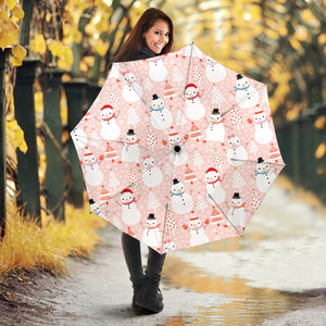 Cute Snowman Christmas Tree Snowpink Background Umbrella