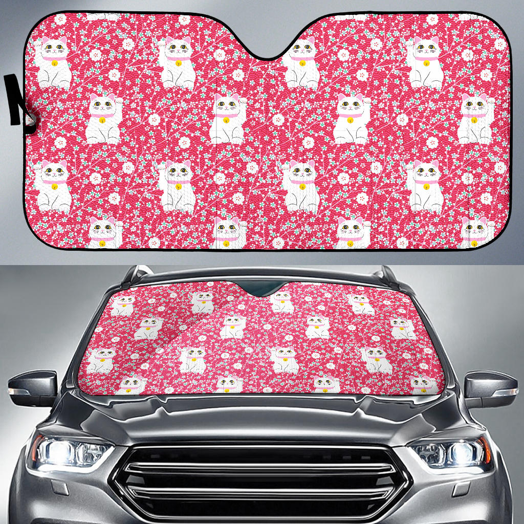Maneki Neko Cat Sakura Pink Background Car Sun Shade