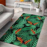 Heliconia Flower Palm Monstera Leaves Black Background Area Rug