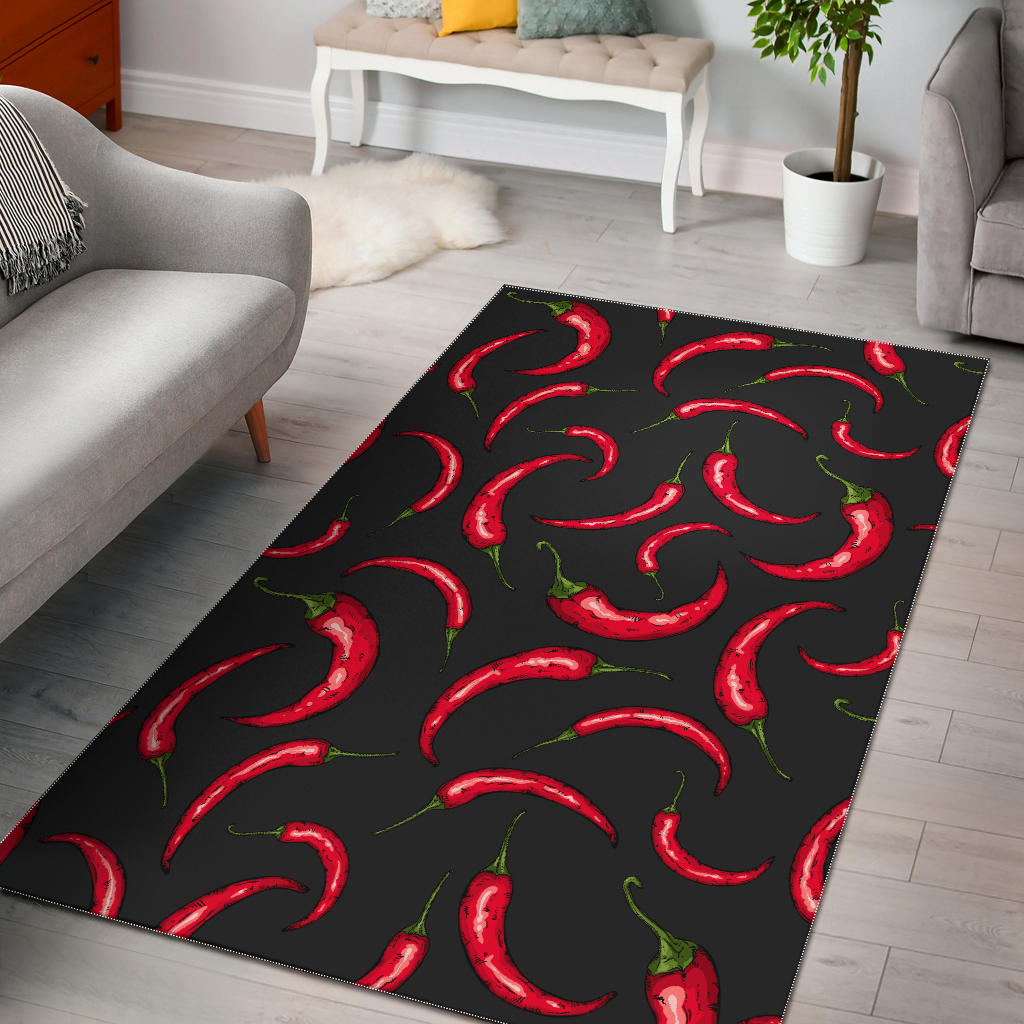 Chili Peppers Pattern Black Background Area Rug