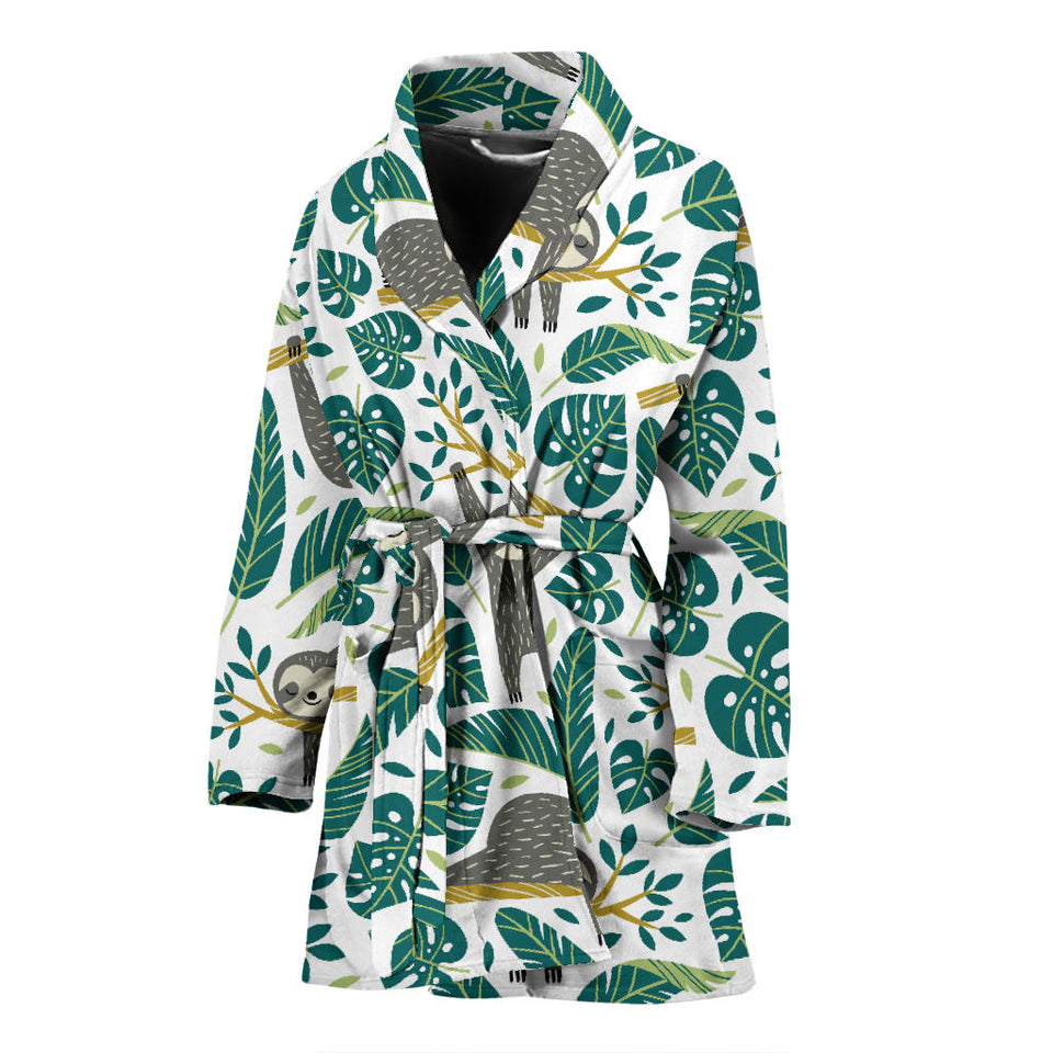 Cute Sloths Tropical Palm Leaves White Background Women'S Bathrobe