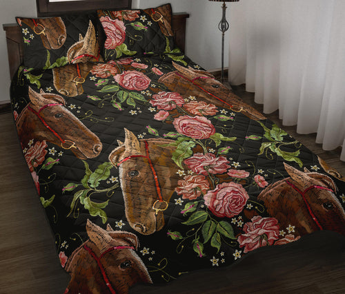 Horse head wild roses pattern Quilt Bed Set