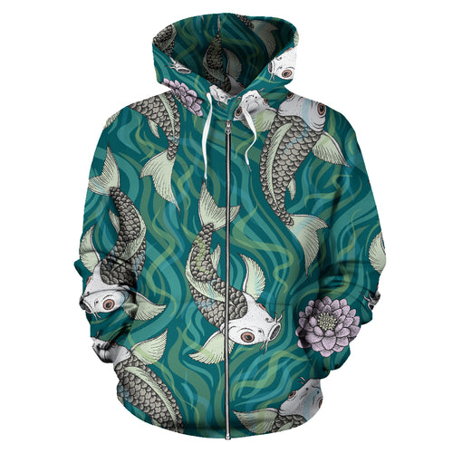 Koi Fish Carp Fish Lotus Pattern Zip Up Hoodie