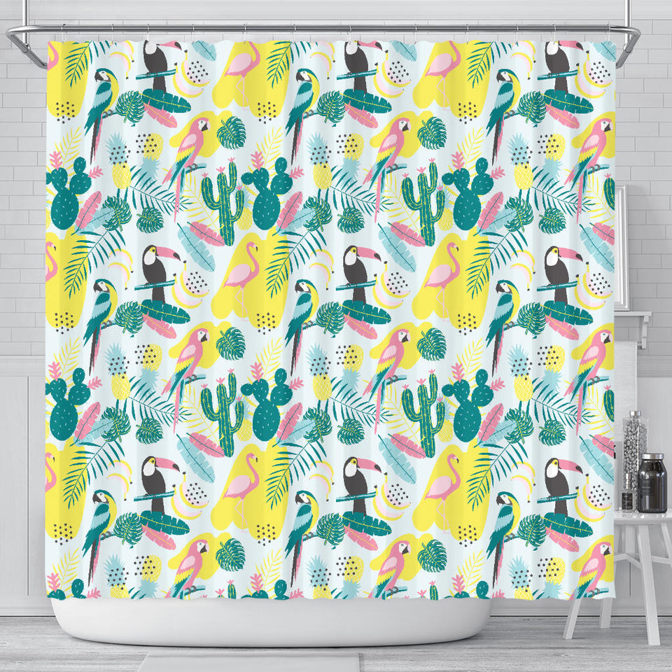 Cute Parrot Toucan Flamingo Cactus Exotic Leaves Pattern Shower Curtain Fulfilled In US