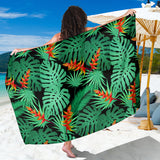 Heliconia Flower Palm Monstera Leaves Black Background Sarong