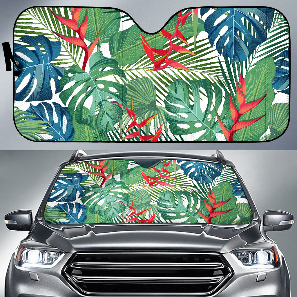 Heliconia Palm And Monstera  Leaves Pattern Car Sun Shade