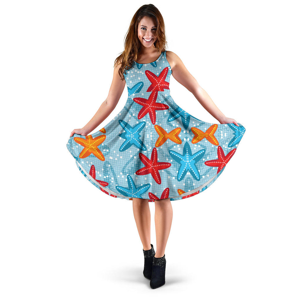 Blue Red Orange Starfish Pattern Sleeveless Midi Dress