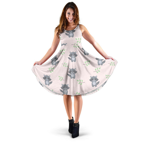Cute Raccoons Leaves Pattern Sleeveless Midi Dress