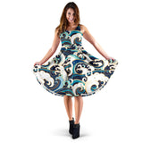 Japanese Wave Pattern Sleeveless Midi Dress