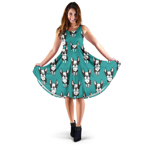 Hand Drawn Boston Terrier Dog Pattern Sleeveless Midi Dress