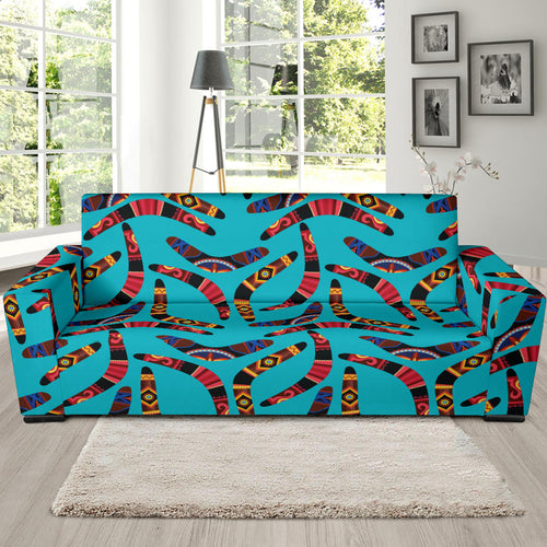 Boomerang Australian Aboriginal Ornament Blue Background Sofa Slipcover