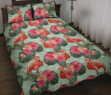 Beautiful flamingo tropical palm leaves hibiscus pateern background Quilt Bed Set