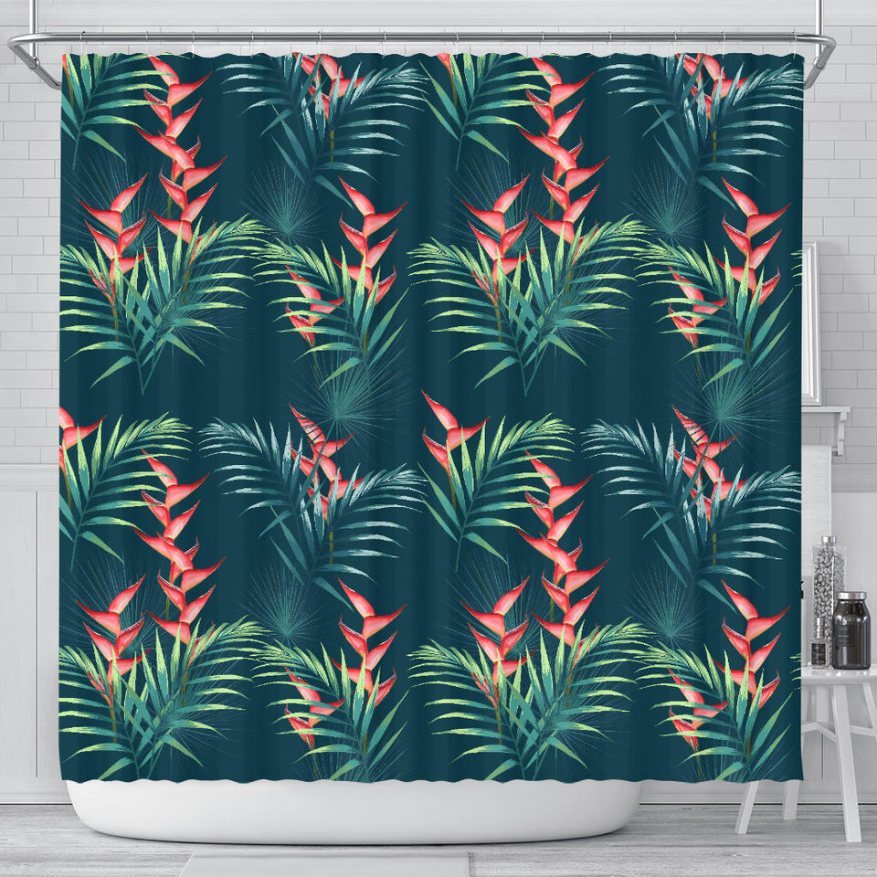 Heliconia Flowers, Palm And Monstera Leaves On Black Background Pattern Shower Curtain Fulfilled In US