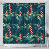 Heliconia Flowers, Palm And Monstera Leaves On Black Background Pattern Shower Curtain Fulfilled In US