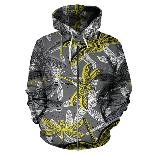 Hand Drawn Dragonfly Pattern Zip Up Hoodie