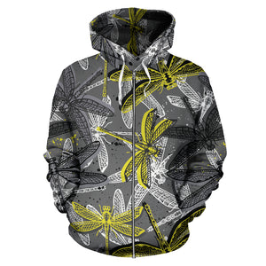 Hand Drawn Dragonfly Pattern Zip Up Hoodie