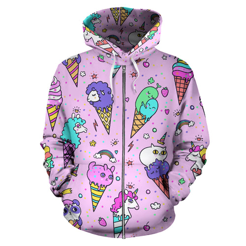 Cute Ice Cream Cone Animal Pattern Zip Up Hoodie