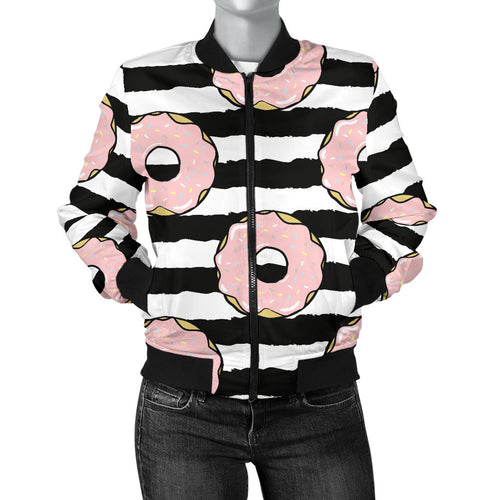 Donuts Pink Icing Striped Pattern Women'S Bomber Jacket
