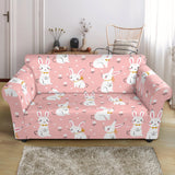 Cute White Rabbit Flower Pink Background Loveseat Couch Slipcover