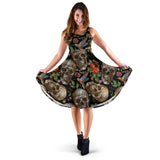 Skull Rose Humming Bird Flower Pattern Sleeveless Midi Dress