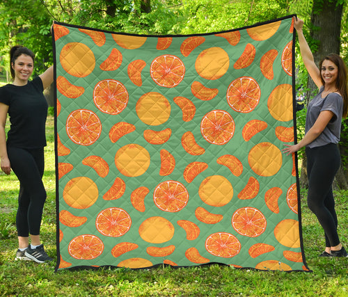 Orange Fruit Pattern Green Background Premium Quilt