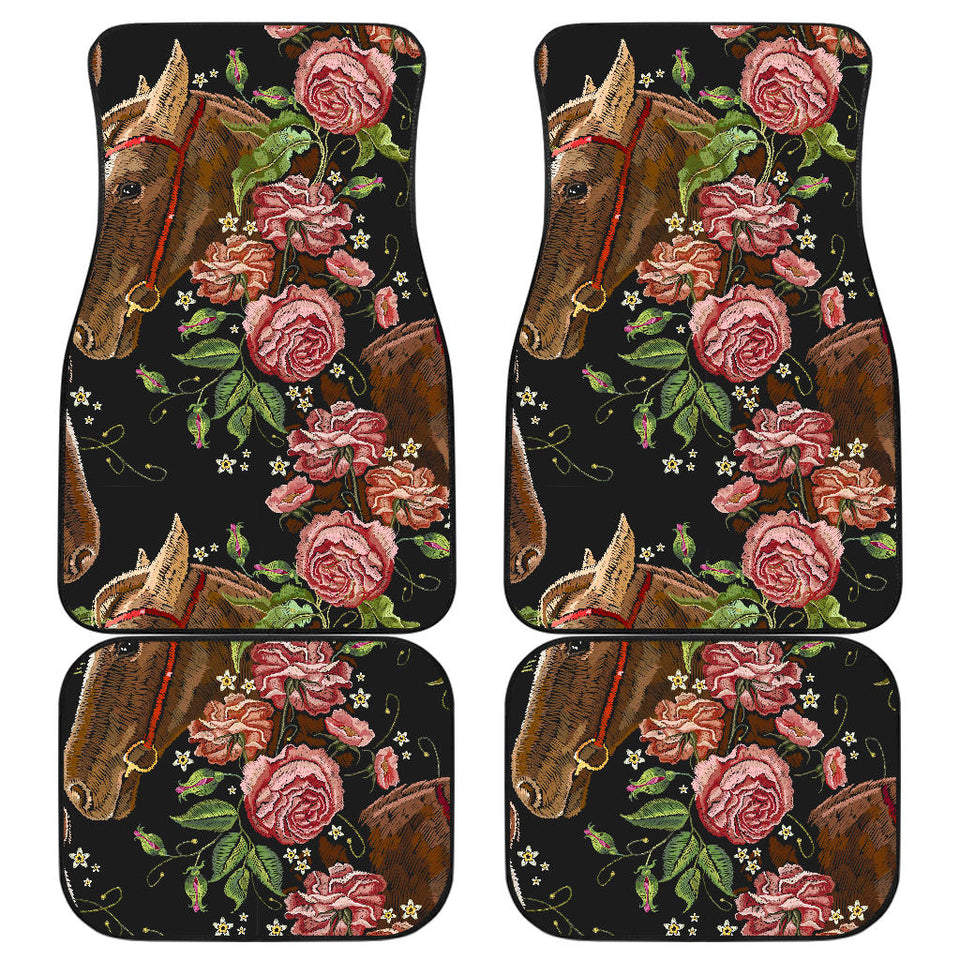 Horse Head Wild Roses Pattern Front And Back Car Mats