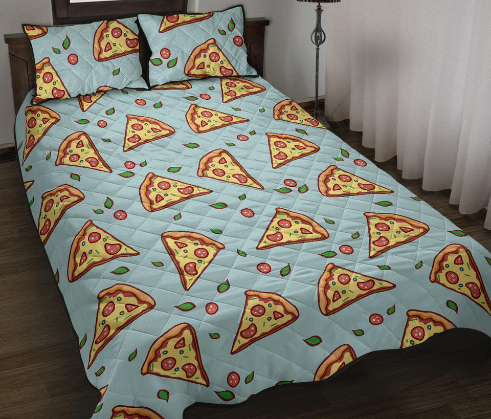 Hand drawn pizza blue background Quilt Bed Set