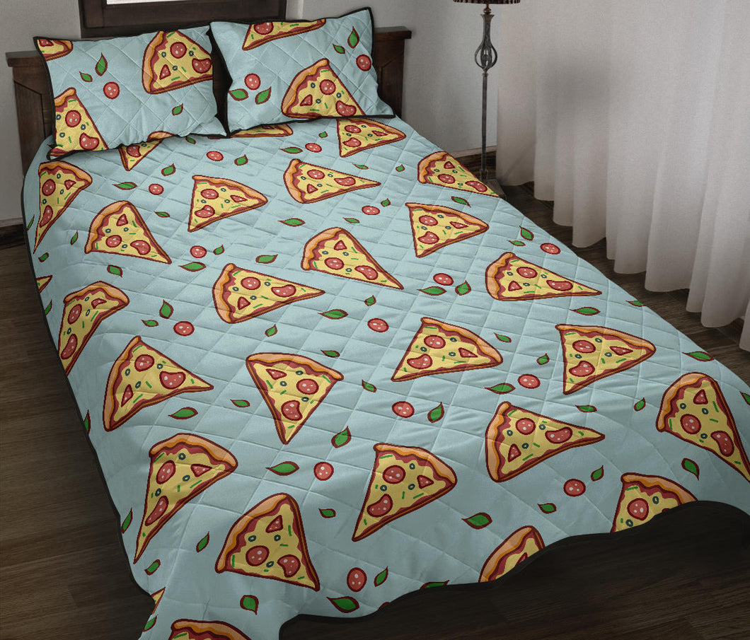 Hand drawn pizza blue background Quilt Bed Set
