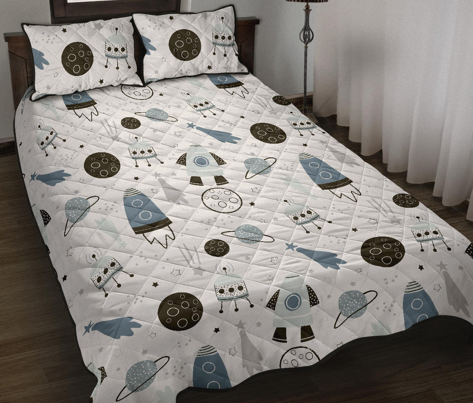 Hand drawn space elements space rocket star planet space probe Quilt Bed Set