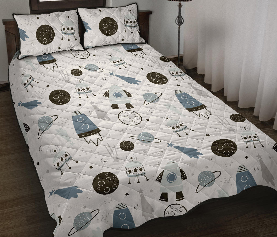Hand drawn space elements space rocket star planet space probe Quilt Bed Set