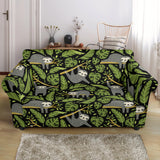 Cute Sloths Tropical Palm Leaves Black Background Loveseat Couch Slipcover