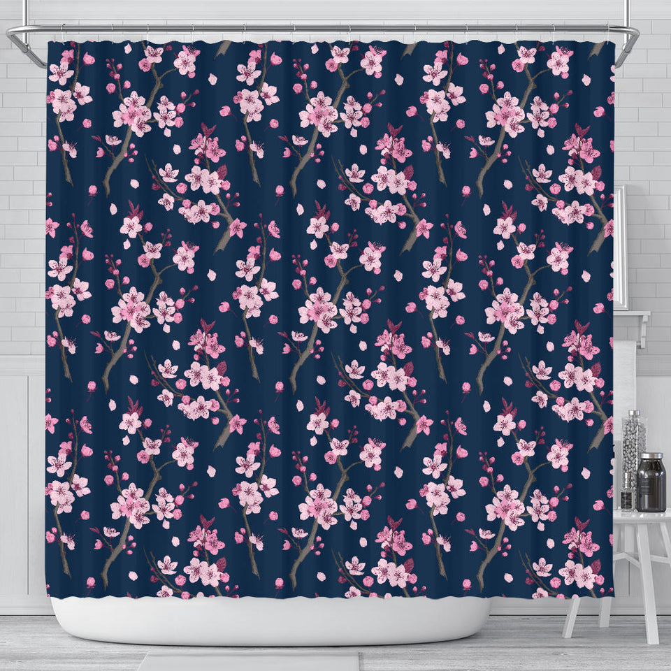 Pink Sakura Cherry Blossom Blue Background Shower Curtain Fulfilled In US