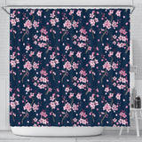 Pink Sakura Cherry Blossom Blue Background Shower Curtain Fulfilled In US