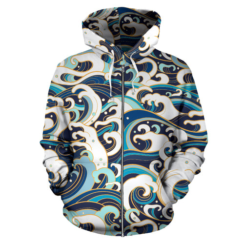 Japanese Wave Pattern Zip Up Hoodie