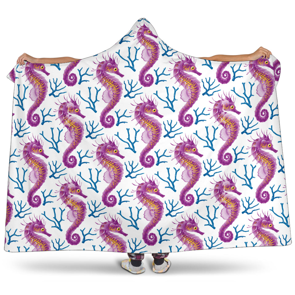 Purple Seahorse Blue Coral Pattern Hooded Blanket