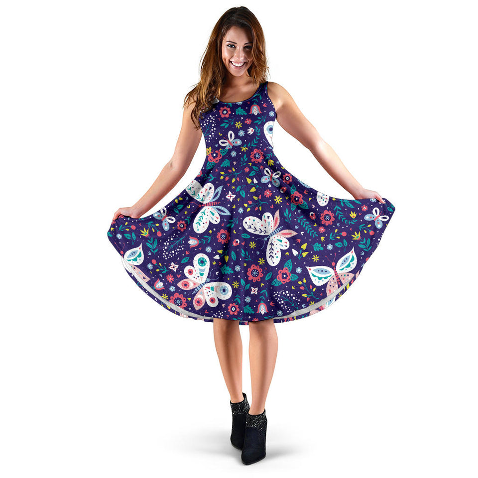 Colorful Butterfly Flower Pattern Sleeveless Midi Dress