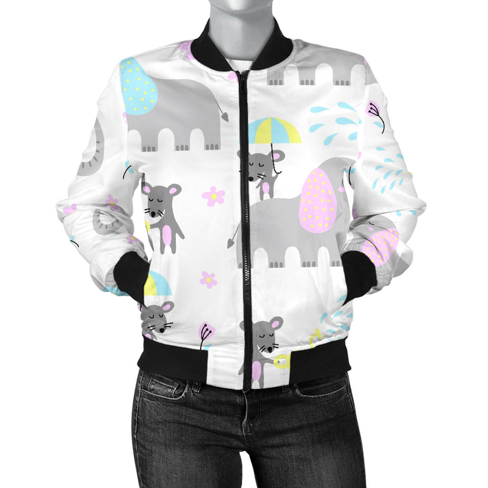Cute Elephant Mouse Pattern Women'S Bomber Jacket